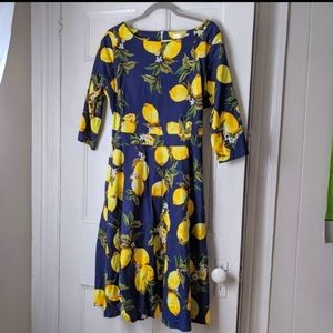 Retro Navy midi dress with lemon print and sleeves